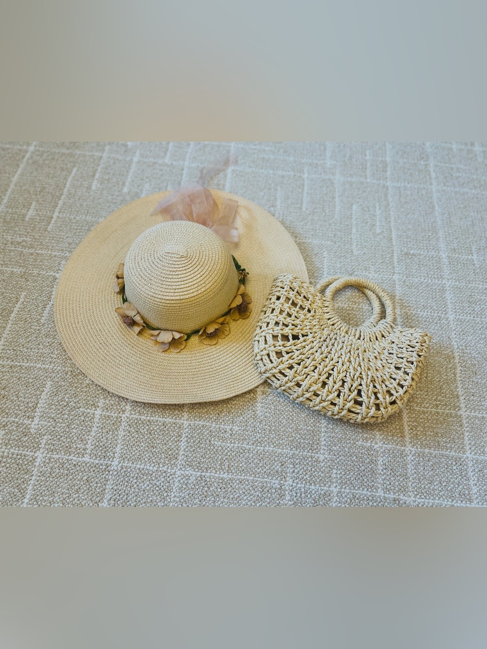 Sun Hat + Straw Bag Neutral Sun Hat with Floral Trim and Matching Woven Handbag